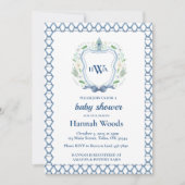 Navy & Blue Crest Chinoiserie Monogram Baby shower Kaart (Voorkant)