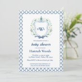 Navy & Blue Crest Chinoiserie Monogram Baby shower Kaart (Staand voorkant)