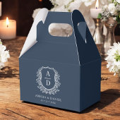 Navy Blue Crest Floral Monogram Huwelijk Modern Bedankdoosjes