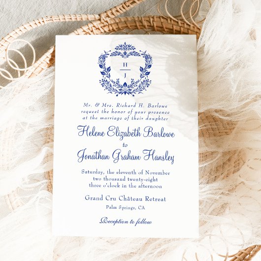 Navy Blue Crest Formele Elegante Bruiloft Kaart