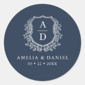 Navy Blue Crest Modern Monogram Huwelijk Ronde Sticker (Voorkant)