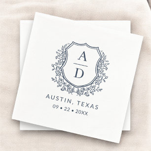 Navy Blue Crest Modern Monogram Huwelijk Servet