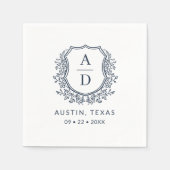 Navy Blue Crest Modern Monogram Huwelijk Servet (Voorkant)