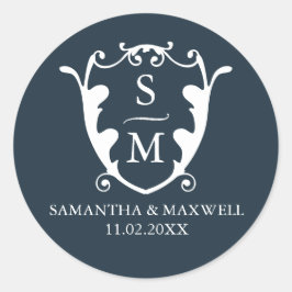 Navy Blue Crest Monogram Bruiloft Stickers