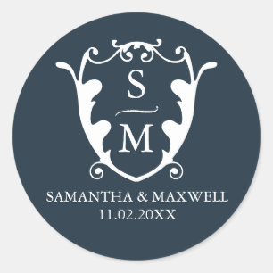 Navy Blue Crest Monogram Bruiloft Stickers
