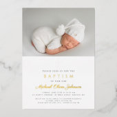 Navy Blue Cross Boy Foto Baptisme Gold Folie Uitnodiging (Voorkant)