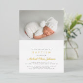 Navy Blue Cross Boy Foto Baptisme Gold Folie Uitnodiging (Staand Voorkant)