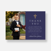 Navy Blue Cross Boy Foto eerste communie Bedankkaart