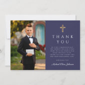 Navy Blue Cross Boy Foto eerste communie Bedankkaart (Voorkant)