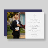 Navy Blue Cross Boy Foto First Community Silver Folie Uitnodiging