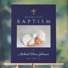 Navy Blue Cross Photo Boy Baptism Welkom Acryl Bord