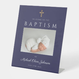 Navy Blue Cross Photo Boy Baptism Welkom Reclamebord Met Voetstuk