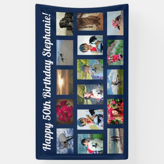 Navy Blue Custom 16 Fotocollage Verjaardagsfeest Spandoek (Verticaal)
