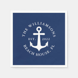 Navy Blue Custom Name Nautical Anchor Servet