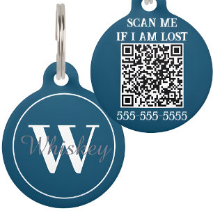 Navy Blue Custom QR Code en Monogram Huisdier Naam Huisdierpenning