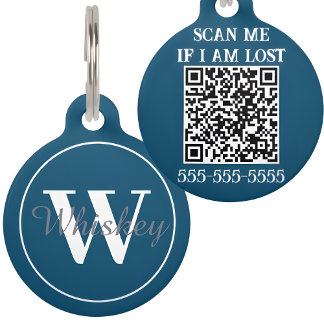Navy Blue Custom QR Code en Monogram Huisdier Naam Huisdierpenning