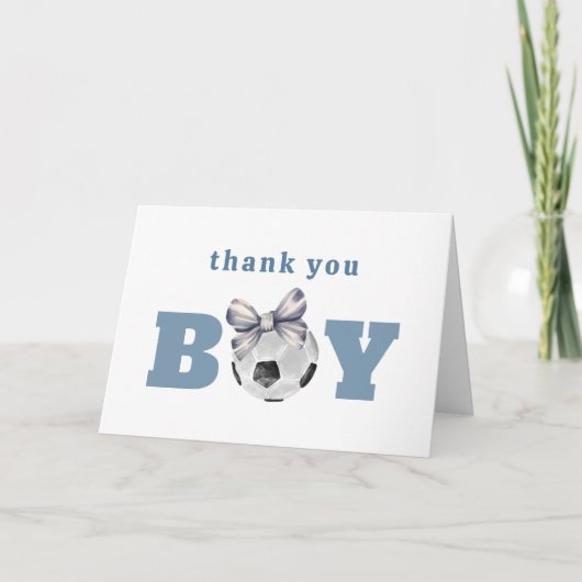 Navy Blue Cute Bow Soccer Boy Baby Shower Bedankkaart (Voorkant)