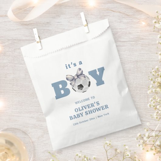 Navy Blue Cute Bow Soccer Boy Baby Shower Welcome Bedankzakje (Geknipt)