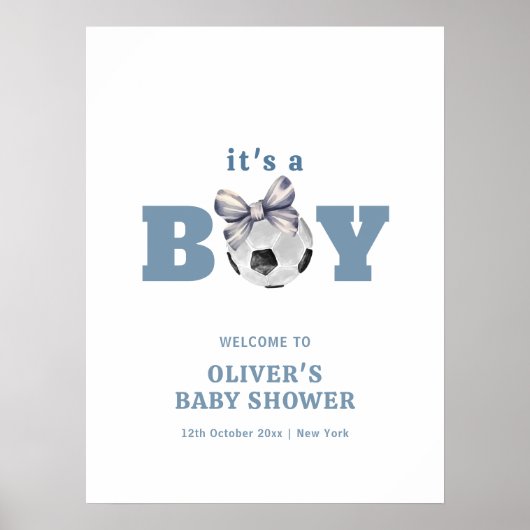 Navy Blue Cute Bow Soccer Boy Baby Shower Welcome Poster (Voorkant)