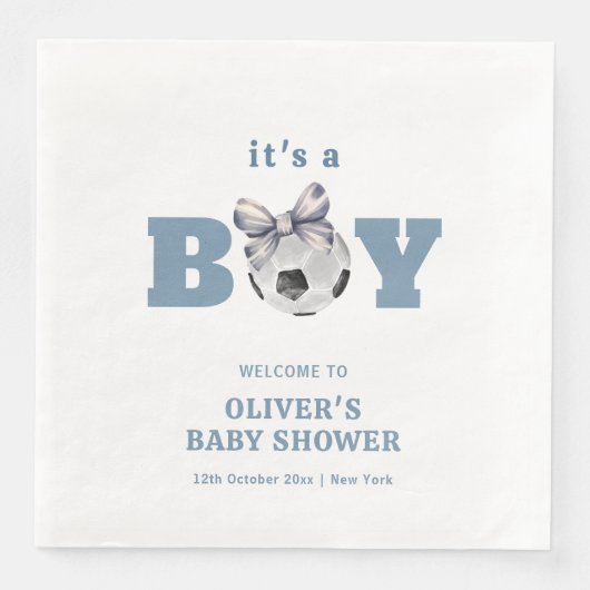 Navy Blue Cute Bow Soccer Boy Baby Shower Welcome Servet (Voorkant)