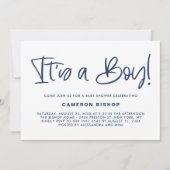 Navy Blue Cute Calligraphy Het is een Boy Baby sho Kaart (Voorkant)