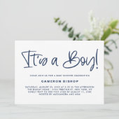 Navy Blue Cute Calligraphy Het is een Boy Baby sho Kaart (Staand voorkant)