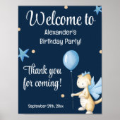 Navy Blue Cute Dragon en Balloon Birthday Welcome Poster (Voorkant)