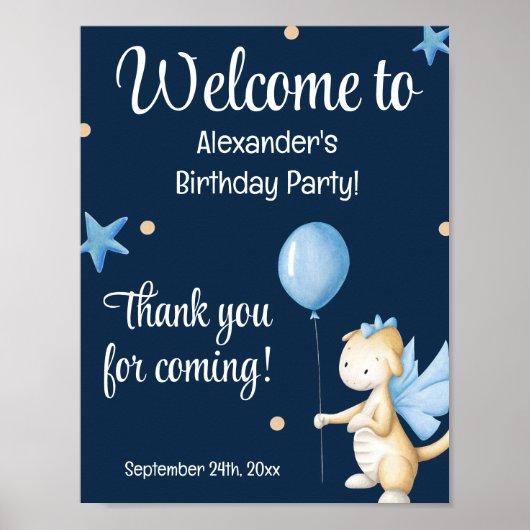 Navy Blue Cute Dragon en Balloon Birthday Welcome Poster (Voorkant)