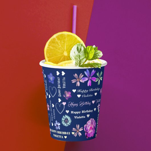 Navy Blue Cute Girly Naam Happy Birthday Papieren Bekers