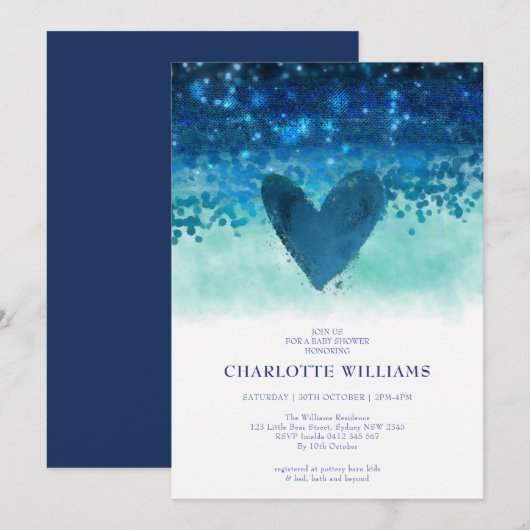 Navy Blue Cute Heart Waterverf Baby Boy Shower Kaart (Voorkant / Achterkant)