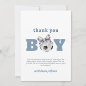 Navy Blue Cute Modern Bow Soccer Boy Baby Shower  Bedankkaart (Voorkant)