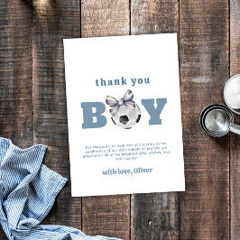 Navy Blue Cute Modern Bow Soccer Boy Baby Shower Bedankkaart