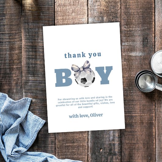 Navy Blue Cute Modern Bow Soccer Boy Baby Shower  Bedankkaart