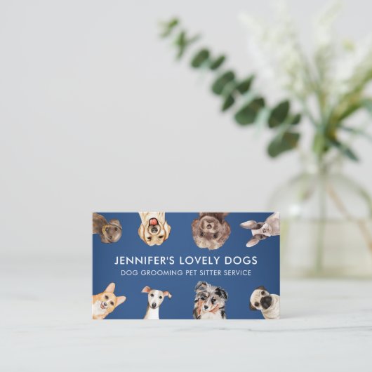 Navy Blue Cute Small Size-honden Pet Sitter Visitekaartje (Staand voorkant)