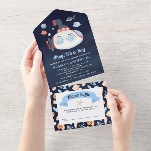 Navy Blue Cute Submarine Nautical Baby shower All In One Uitnodiging (Afscheurbaar)