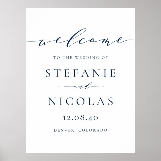 Navy Blue Dainty Script Simple Weduwen Welkom Poster (Voorkant)