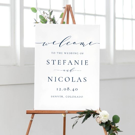 Navy Blue Dainty Script Simple Weduwen Welkom Poster