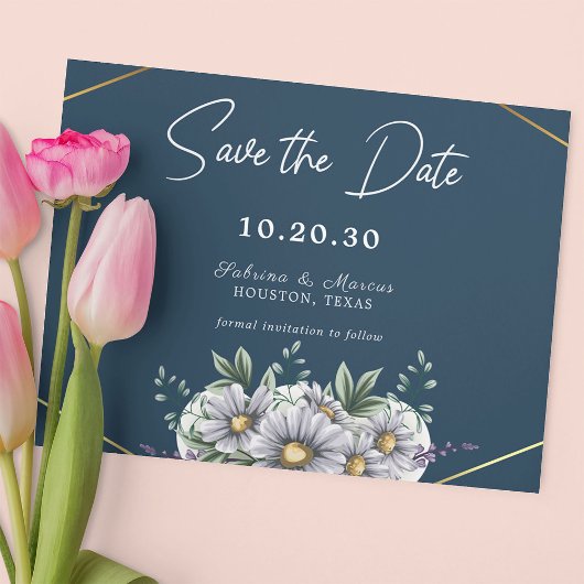 Navy Blue Daisy Bloemenbruiloft Save the Date Kaart