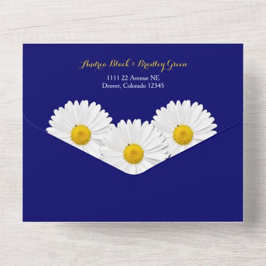 Navy Blue Daisy Wedding RSVP in één uitnodiging (Achterkant)