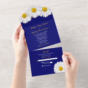 Navy Blue Daisy Wedding RSVP in één uitnodiging
