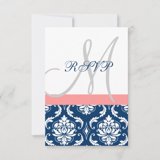 Navy Blue Damask Coral Initiaal Wedding RSVP-kaart RSVP Kaartje (Voorkant)