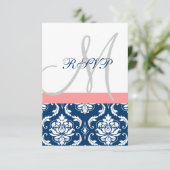 Navy Blue Damask Coral Initiaal Wedding RSVP-kaart RSVP Kaartje (Staand voorkant)
