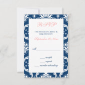 Navy Blue Damask Coral Initiaal Wedding RSVP-kaart RSVP Kaartje (Achterkant)
