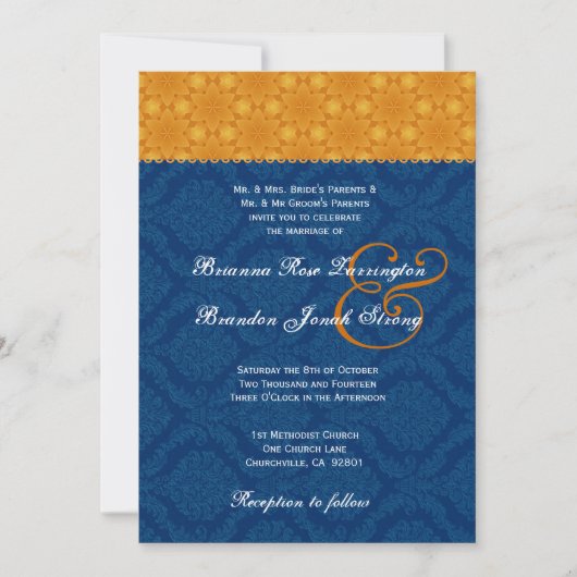 Navy Blue Damask en Gold Stars Wedding S200 Kaart (Voorkant)