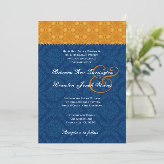 Navy Blue Damask en Gold Stars Wedding S200 Kaart (Staand voorkant)