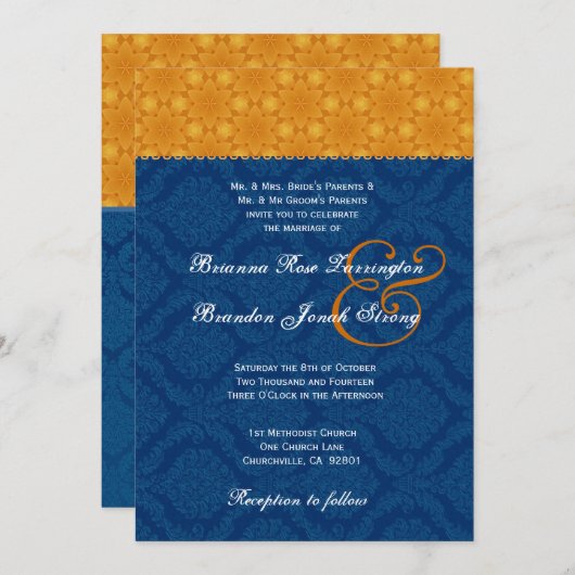 Navy Blue Damask en Gold Stars Wedding S200 Kaart (Voorkant / Achterkant)