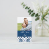 Navy Blue Damask Foto Wedding Place Card Plaatskaartje (Staand voorkant)