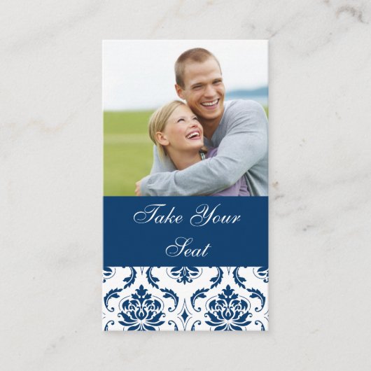 Navy Blue Damask Foto Wedding Place Card Plaatskaartje (Voorkant)