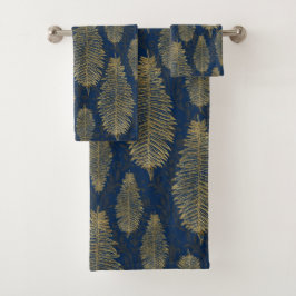 Navy Blue Damask & Gold Fern Leaf Pattern Bad Handdoek