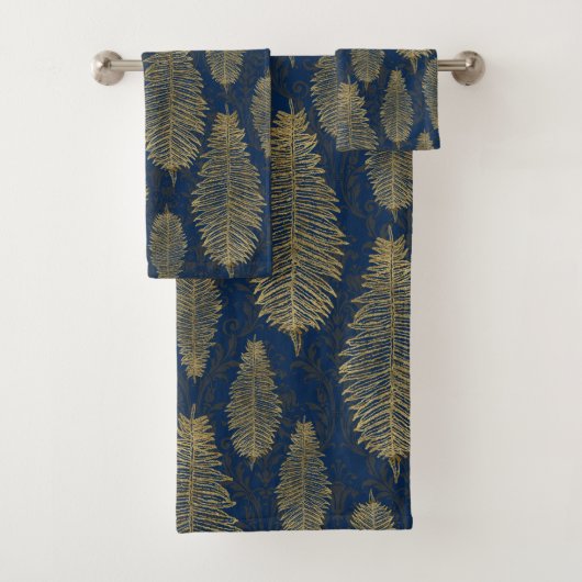 Navy Blue Damask & Gold Fern Leaf Pattern Bad Handdoek (Insitu)